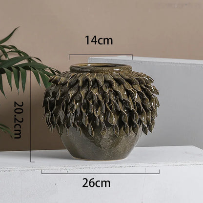 DecorBites™ Leaf Relief Ceramic Vase: Hand-made 3D Floral Arrangement Pot