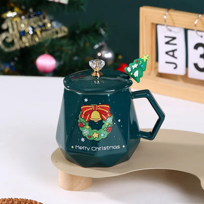 DecorBites™ Christmas Ceramic Mug Set with Lid, Spoon - Festive Santa Claus & Elk Design