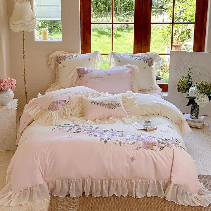 Decobites Flowers Lace Ruffles Wedding Bedding Set 1000TC Egyptian Cotton Duvet Cover Set