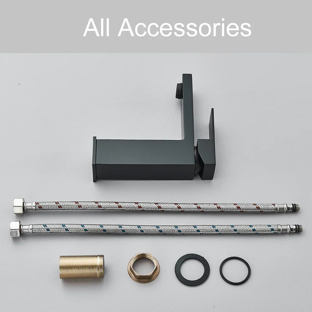 Grifo de lavabo cuadrado DecorBites™ de latón negro: Grifo mezclador para lavabo de baño, modelo alto de un solo mando.