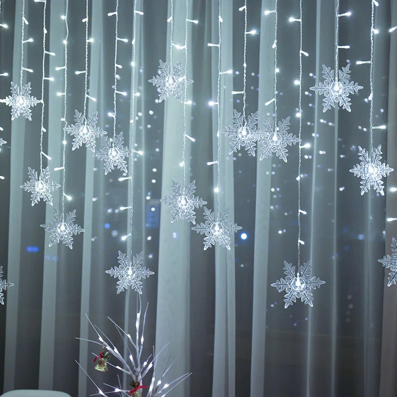 3.2M Christmas Light Led Snowflake Curtain Icicle Fairy String Lights Outdoor Garland Home Party Garden 2023 New Year Decoration