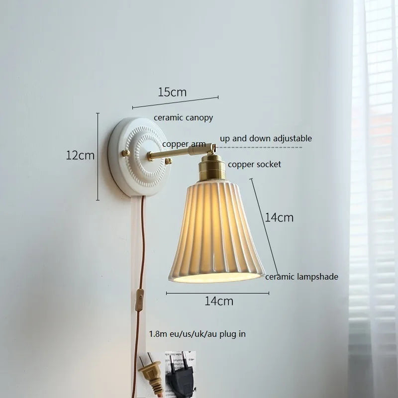 DecorBites™ Ceramic Wall Lamp with Pull Chain Switch & Copper Arm, Nordic Modern LED Fixtures