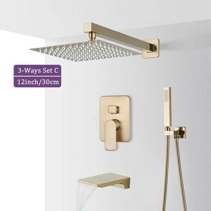 DecorBites™ Brushed Gold Shower Faucet Set 2/3 Way Rainfall Bathtub Mixer Wall Mounted Box