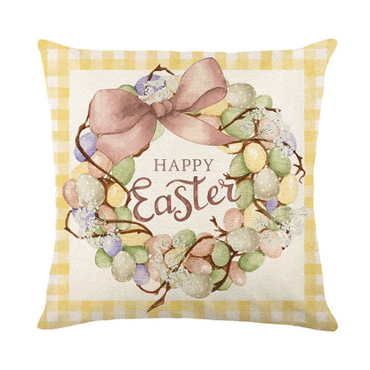 DecorBites™ Easter Bunny Rabbit Linen Cushion Cover 45x45cm - Flower Print Festival Pillowcase