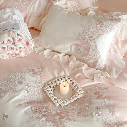 Decobites French Romantic Lace Ruffles Flowers Embroidery Bedding Set in Pink & Blue Cotton