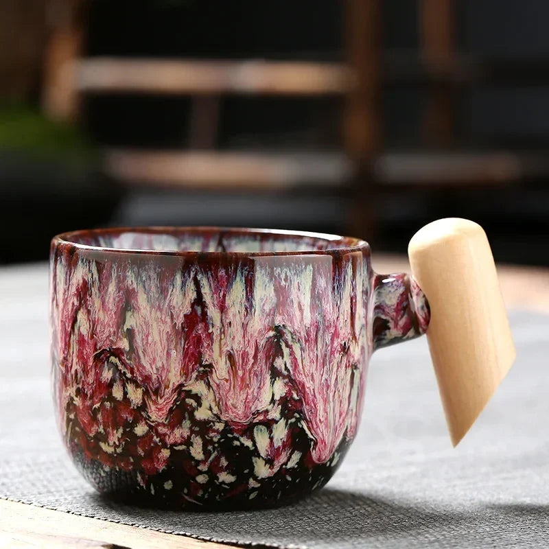 DecorBites™ Ceramic Latte Mug with Wooden Handle for Coffee and Tea Menstruum