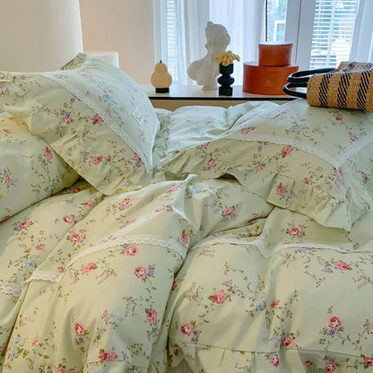 Decobites Princess Pastoral Cotton Bedding Set with Lace Ruffles & Floral Design