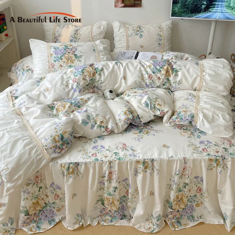 Decobites Korean Princess Flowers Bedding Set - Duvet Cover, Bed Skirt, Pillowcases