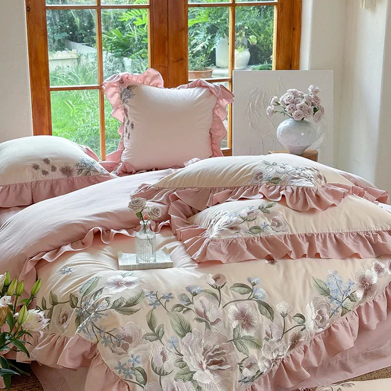 Decobites Luxury Flowers Embroidery Princess Bedding Set - 1000TC Egyptian Cotton