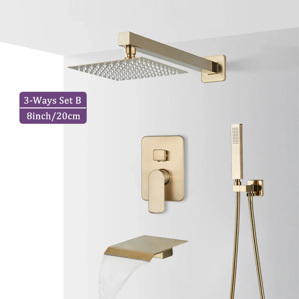 DecorBites™ Brushed Gold Shower Faucet Set 2/3 Way Rainfall Bathtub Mixer Wall Mounted Box