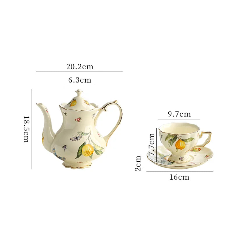 DecorBites™ Lemon Pattern Porcelain Tea Set: Teapot, Kettle, Handle Cup, Mugs