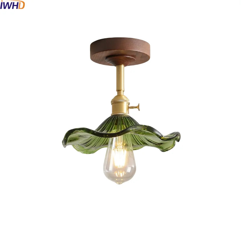 DecorBites™ Green Glass LED Ceiling Lights: Modern Copper Wood Indoor Lamp