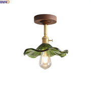 Green Glass Ceiling Lamp Copper Wood Accent