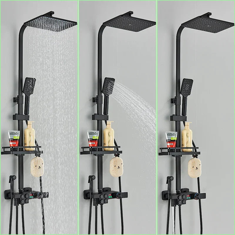 DecorBites™ Digital Display Thermostatic Shower Faucet Set, Rain Shower Column, Wall Mount - Black/Chrome
