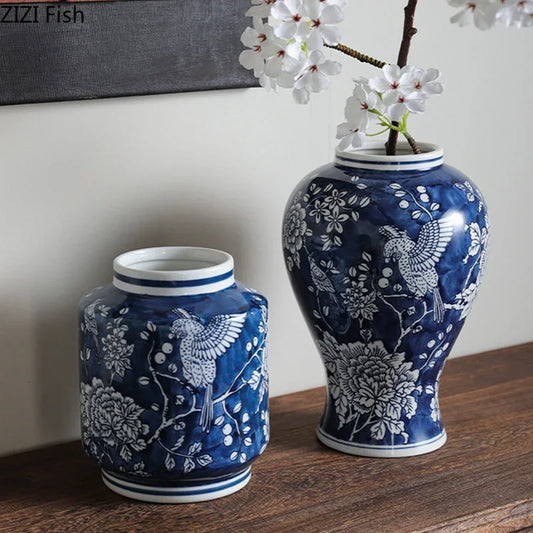 DecorBites™ Blue Porcelain Vase: Flowers and Birds Pattern Table Decor Floral Vases Room Aesthetic