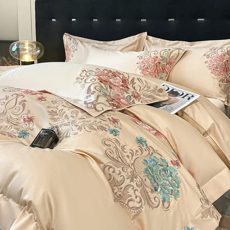 Decobites Luxury Flowers Embroidery Cotton Bedding Set - Queen King Size