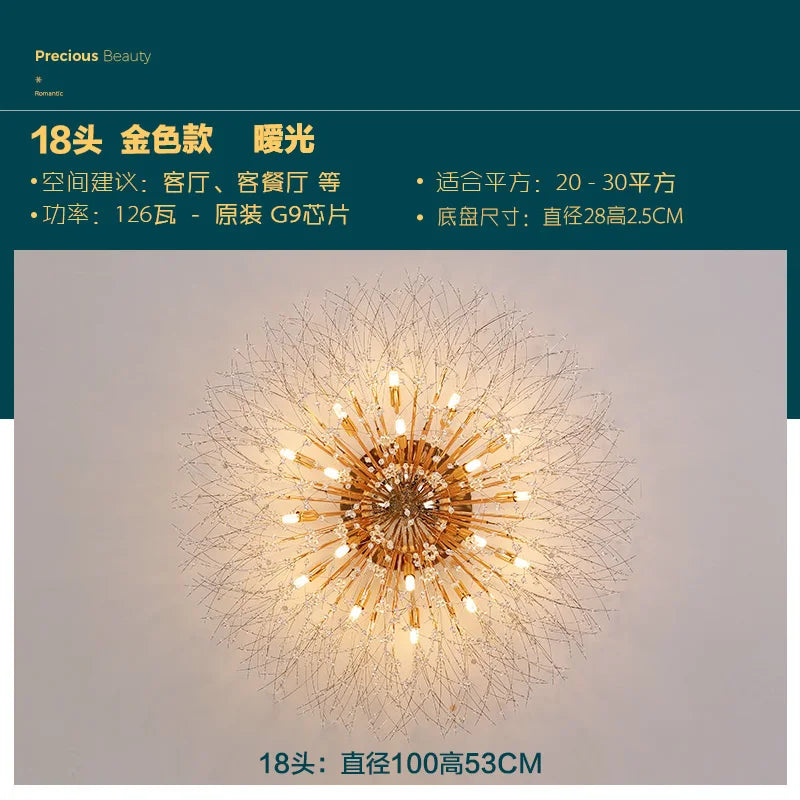 DecorBites™ Golden Löwenzahn-Kristallkronleuchter: Warme nordische LED-Deckenleuchte für romantisches Wohnzimmer.