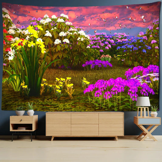 Rhododendron Bush Landscape Tapestry by Decobites: Psychedelic Hippie Wall Decor for Living Room