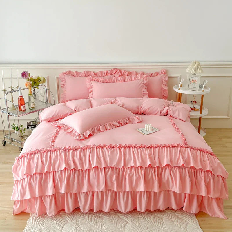 DecorBites™ Lace Ruffle Princess Bedding Set with Bed Skirt & Pillowcases