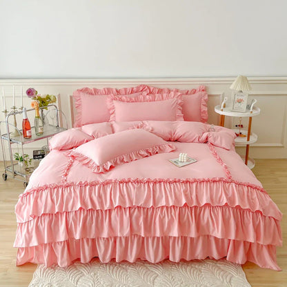 DecorBites™ Lace Ruffle Princess Bedding Set with Bed Skirt & Pillowcases