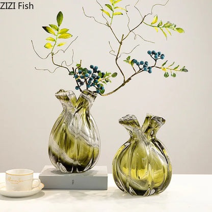 DecorBites™ Green Glass Vase Hydroponics Plant Pots for Table Decoration and Floral Arrangement