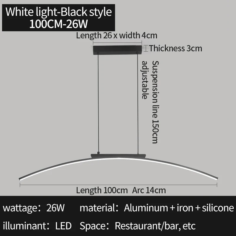 Modern Curved Bridge LED Pendant Light in Black or Gold