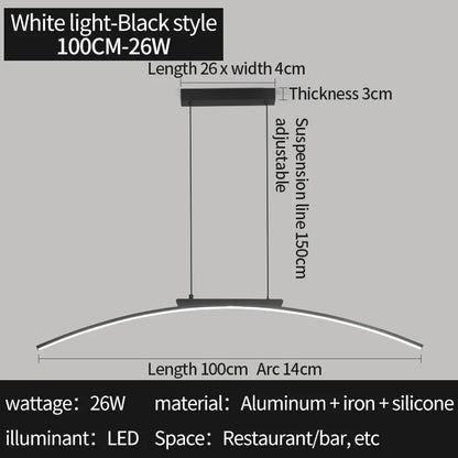 Modern Curved Bridge LED Pendant Light in Black or Gold