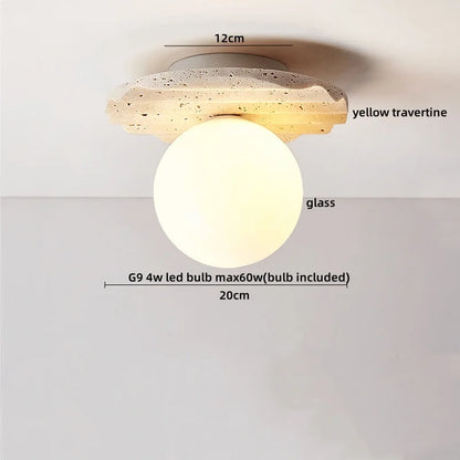 DecorBites™ Japan Style LED Ceiling Light Yellow Travertine Stone Wood Base Bedroom Luminaire.