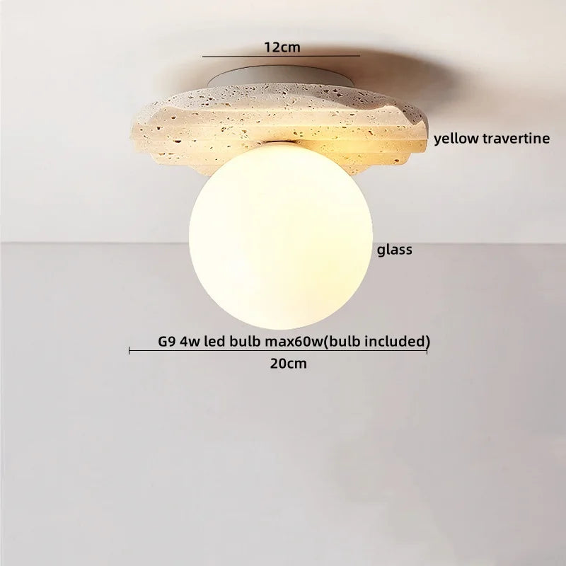 Wood Glass Pendant Light Yellow Travertine Accent