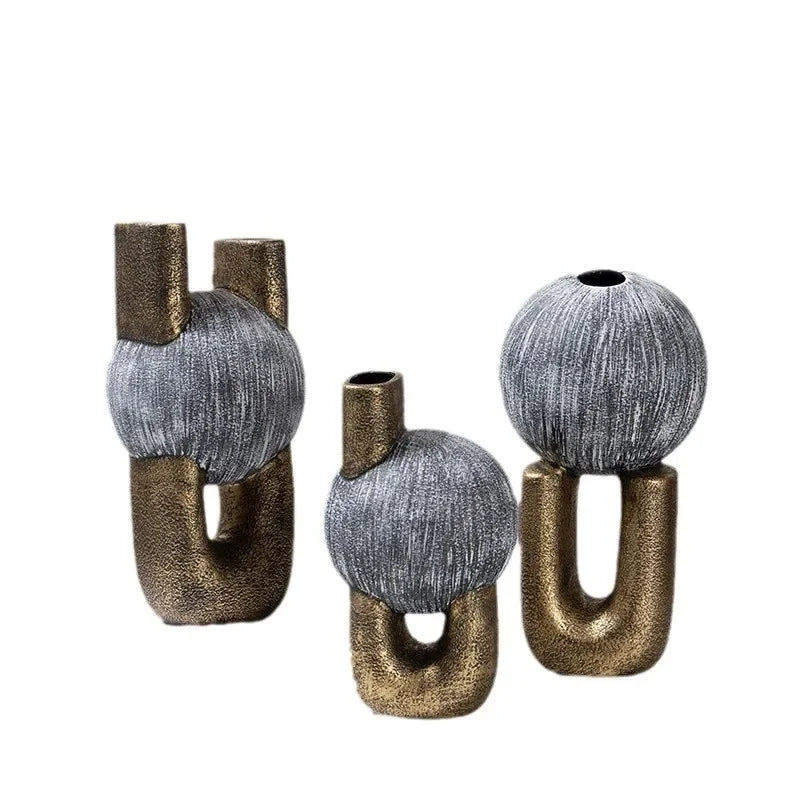 DecorBites™ Golden Stripe Geometric Ceramic Vase - Abstract Floral Arrangement Home Decor