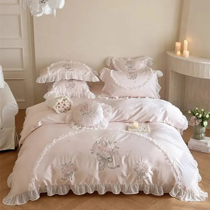 Decobites Pink Rose Embroidered Lace Ruffles Bedding Set for Girls