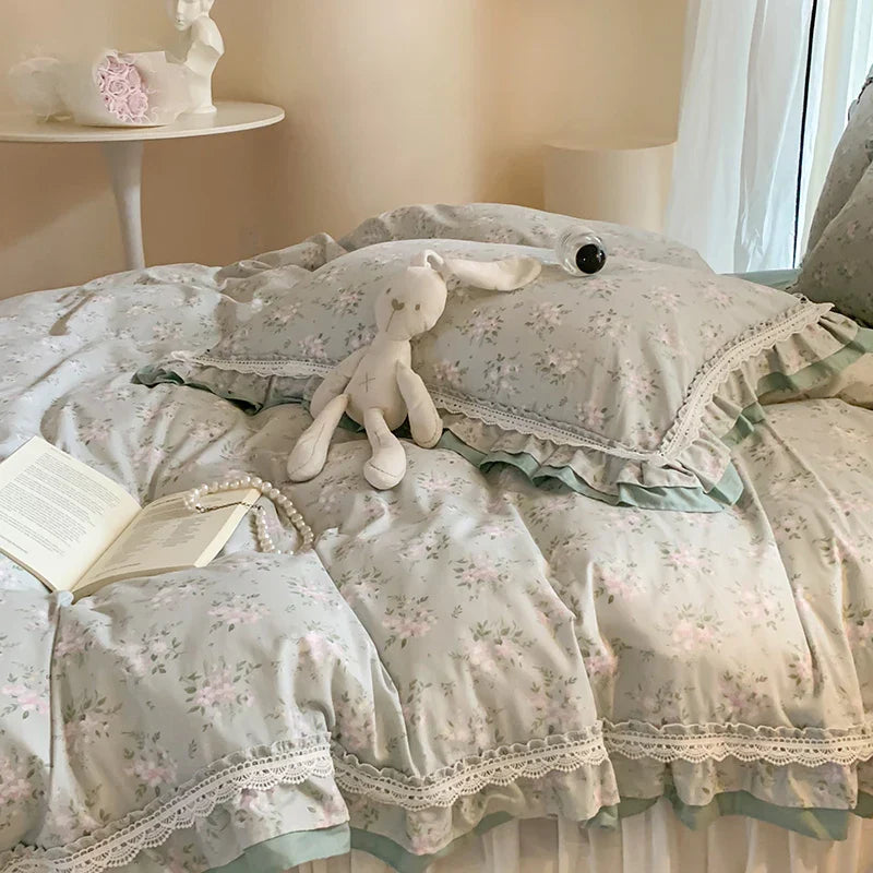 Juego de Edredón de Algodón con Volantes de Encaje Floral Decorbites™ y Funda de Almohada, Ropa de Cama Princesa