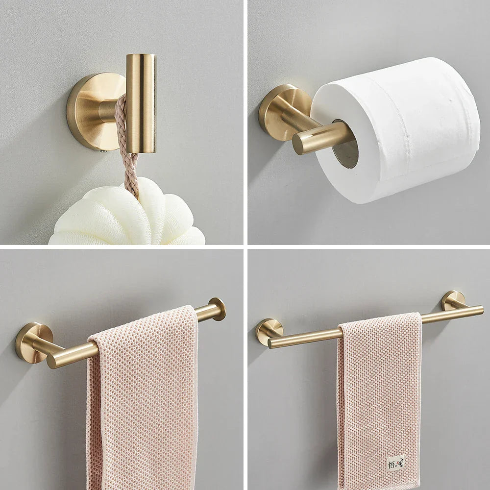DecorBites™ Brushed Gold Bathroom Accessories Set: Towel Rail, Paper Holder, Hook, Stainless Steel