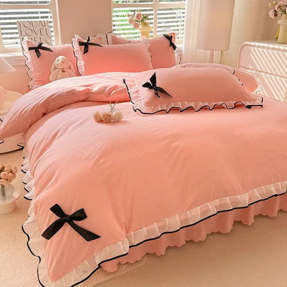 DecorBites™ Lace Bow Bed Skirt Bedding Set in Romantic Solid Color for King Queen Double Sizes