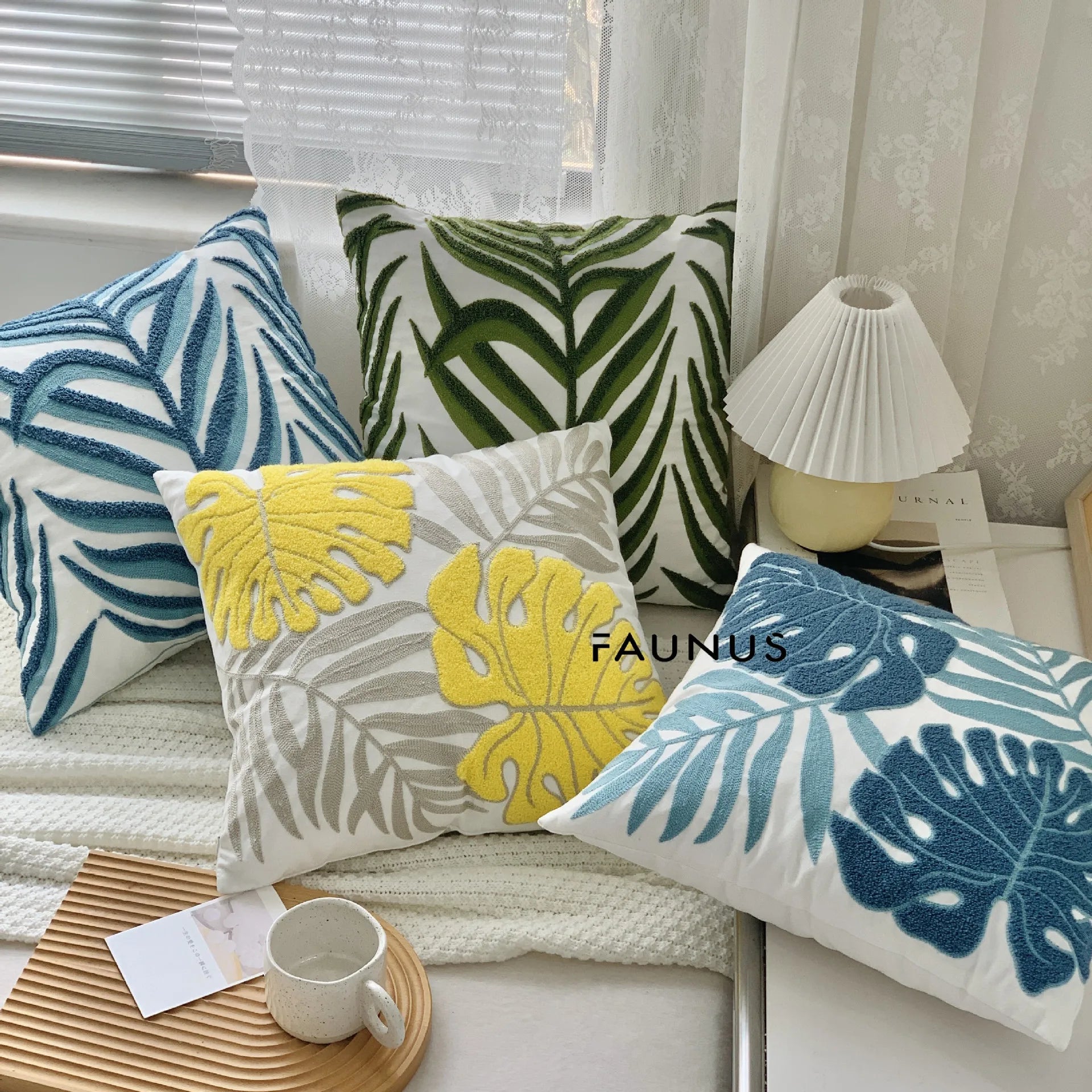 Leaf Embroidered Cotton Cushions