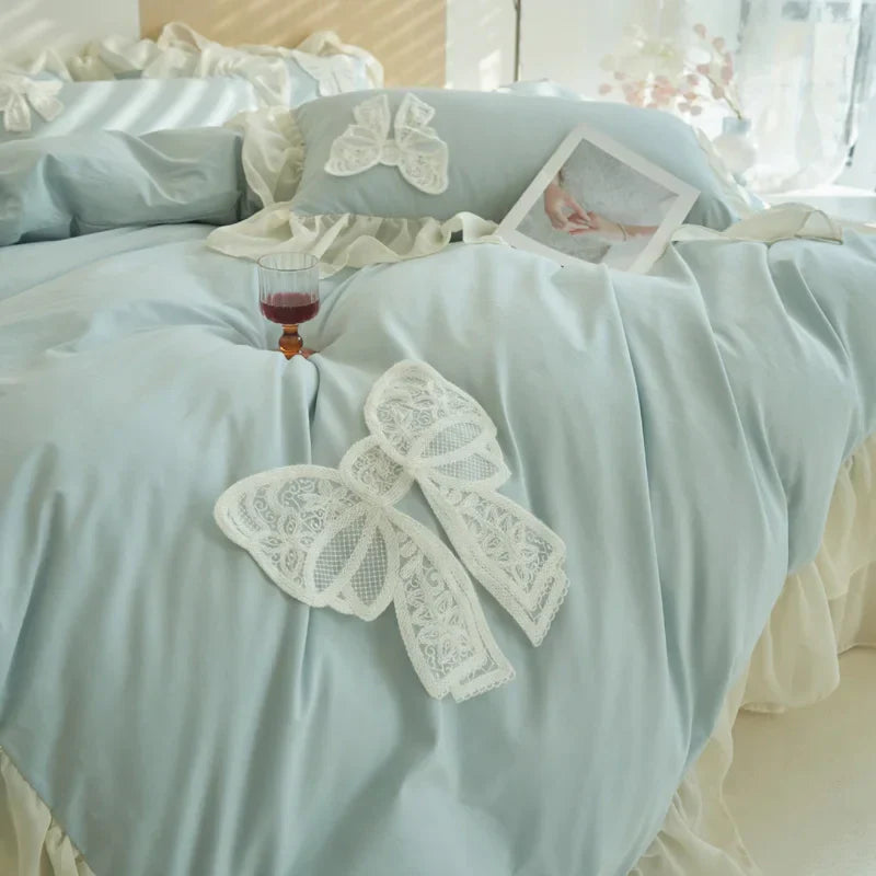 Decorbites™ Koreanische Spitzen-Volants-Königgröße-Daunenbettbezug mit Schleifendetail – Romantisches Französisches Design
