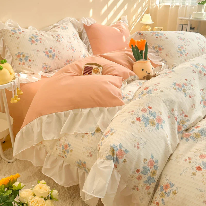 Decobites Korean Princess Floral Ruffles Bedding Set: Single/Queen Duvet, Cover, & Pillowcases