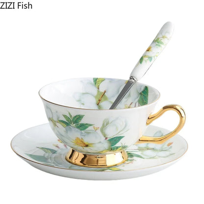 DecorBites™ Green Flowers Ceramic Cup & Saucer Set for Coffee, Tea, Juice, and More