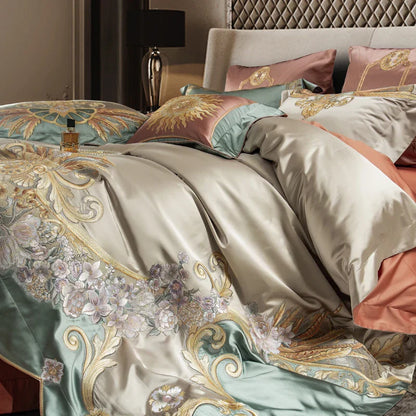 Decobites Vintage Flowers & Gold Embroidery Bedding Set - 4/6/9Pcs Egyptian Cotton Duvet Cover, Sheet & Pillowcases