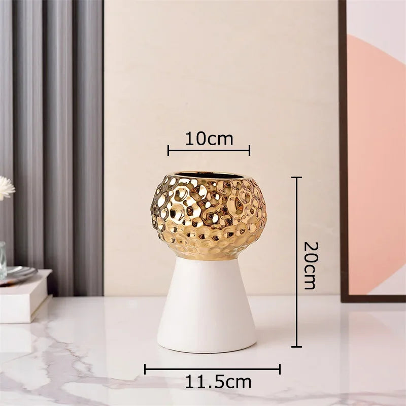 Jarrón de cerámica con patrón de martillo dorado Decorbites™: Maceta creativa para decoración de mesa y arreglo floral