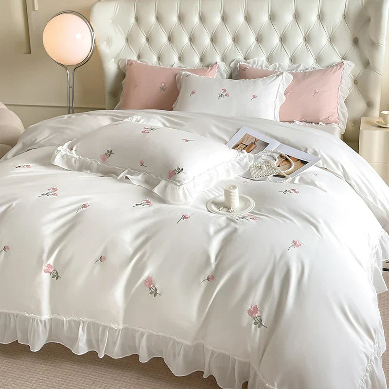 Decobites Rose Flowers Embroidery Lace Ruffles White Bedding Set - 100% Cotton Duvet Cover, Bed Sheet, Pillowcase