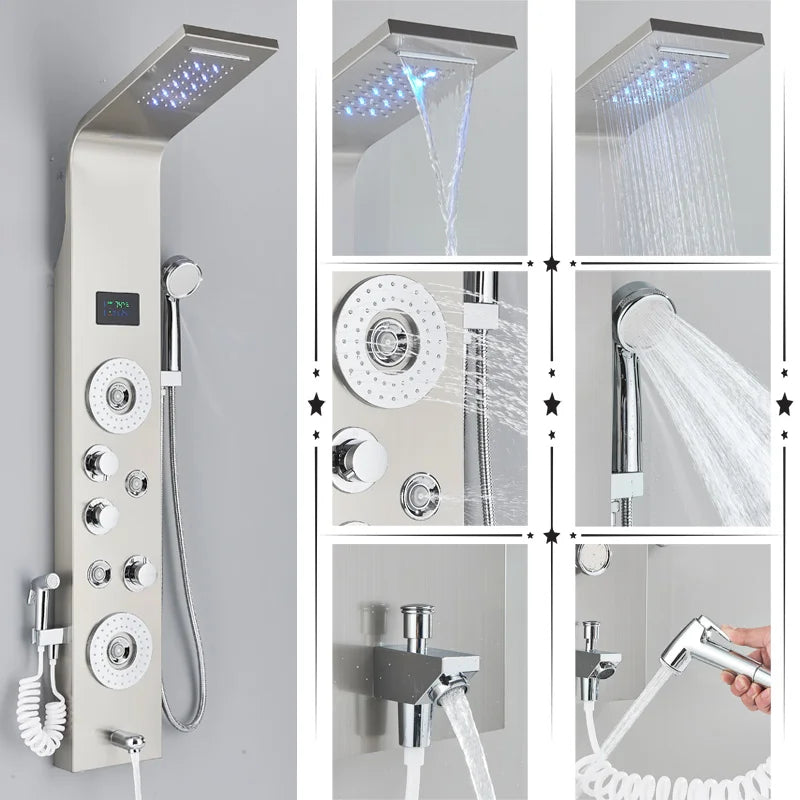 DecorBites™ LED Rainfall Shower Panel System Black/Brushed Finish