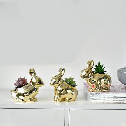 Maceta de cerámica DecorBites™ Conejo Dorado | Jarrón para suculentas de dibujos animados