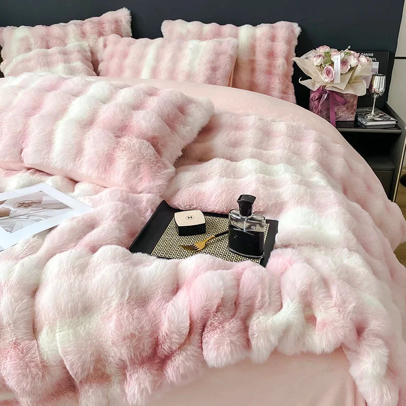 DecorBites™ Gradient Faux Rabbit Fur Bedding Set - Warm Luxury Plush Duvet Cover & Quilt Sets