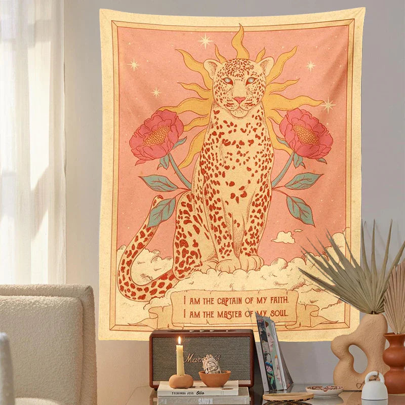 Bohemian Sun Tapestry Wall Hanging by Decobites - Tiger Floral Tarot Moon Aesthetic