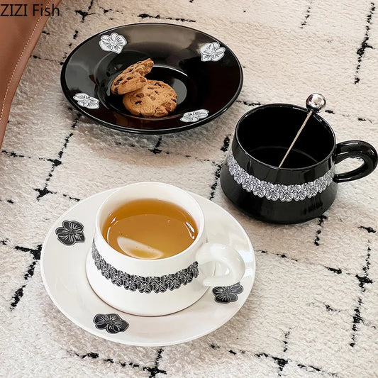 DecorBites™ Black Flower Porcelain Cup & Saucer Set, Elegant Coffee Mug for Dining & Afternoon Tea