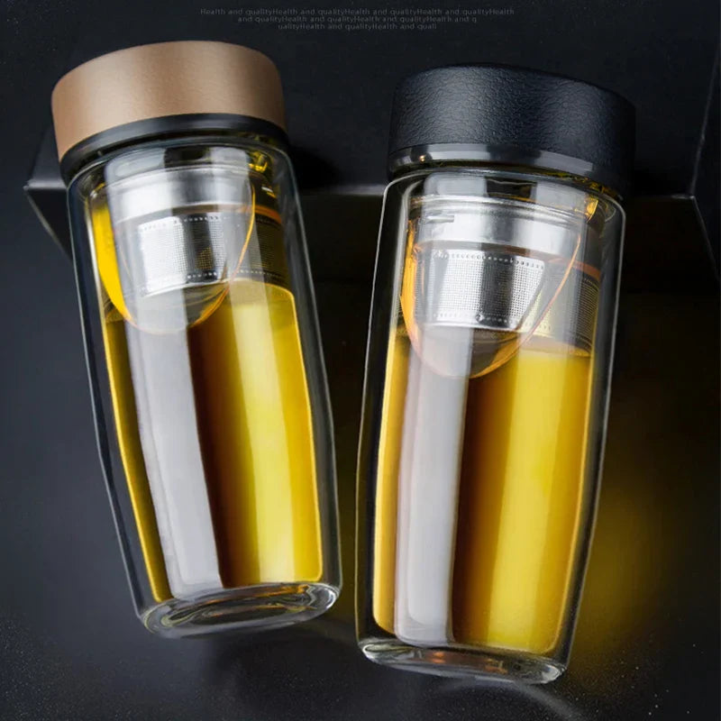 DecorBites™ Double-deck Glass Cups with Lid, Thermal Insulation, Anti-scald, Portable