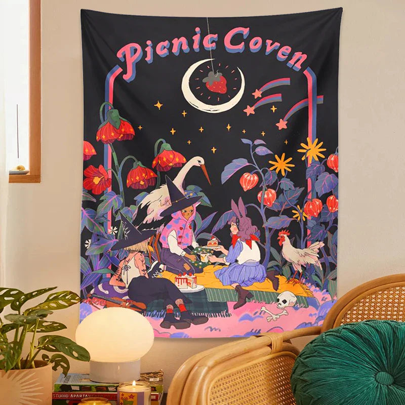 Decobites Psychedelic Forest Tapestry Wall Hanging: Magical Fairy Tale Mushroom Moon Fantasy