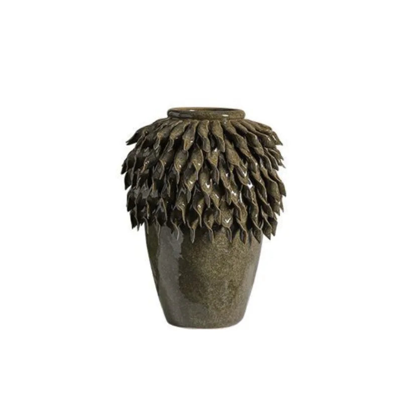 DecorBites™ Leaf Relief Ceramic Vase: Hand-made 3D Floral Arrangement Pot