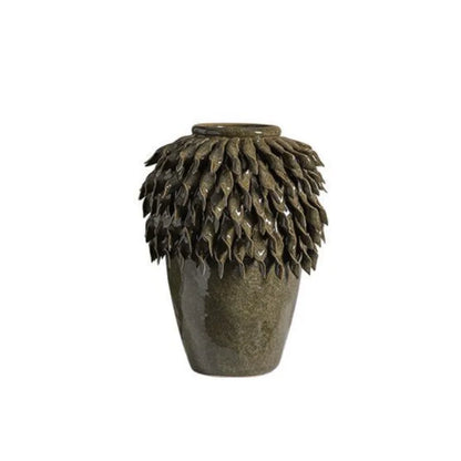 DecorBites™ Leaf Relief Ceramic Vase: Hand-made 3D Floral Arrangement Pot